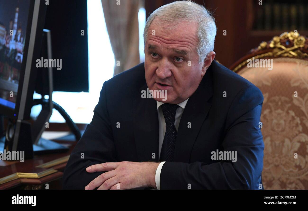 Moscow, Russia. 15th July, 2020. Russian Head of the Federal Customs Service Vladimir Bulavin during a face to face meeting with President Vladimir Putin, at the Kremlin July 15, 2020 in Moscow, Russia. Credit: Alexei Nikolsky/Kremlin Pool/Alamy Live News Stock Photo
