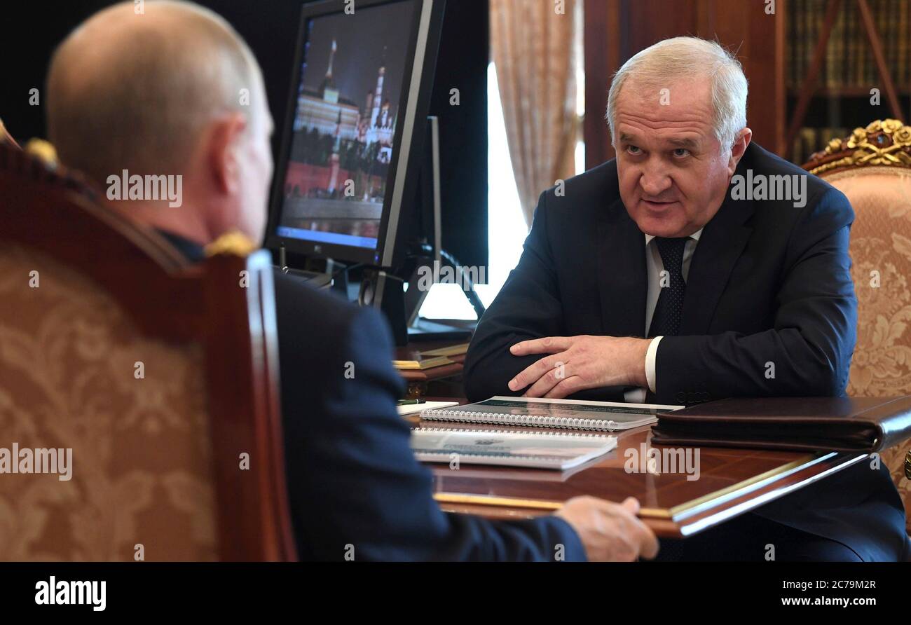 Moscow, Russia. 15th July, 2020. Russian Head of the Federal Customs Service Vladimir Bulavin during a face to face meeting with President Vladimir Putin, left, at the Kremlin July 15, 2020 in Moscow, Russia. Credit: Alexei Nikolsky/Kremlin Pool/Alamy Live News Stock Photo