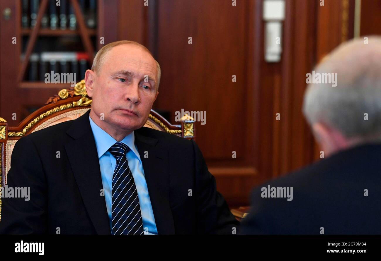 Moscow, Russia. 15th July, 2020. Russian President Vladimir Putin, holds a face to face meeting with the Head of the Federal Customs Service Vladimir Bulavin at the Kremlin July 15, 2020 in Moscow, Russia. Credit: Alexei Nikolsky/Kremlin Pool/Alamy Live News Stock Photo