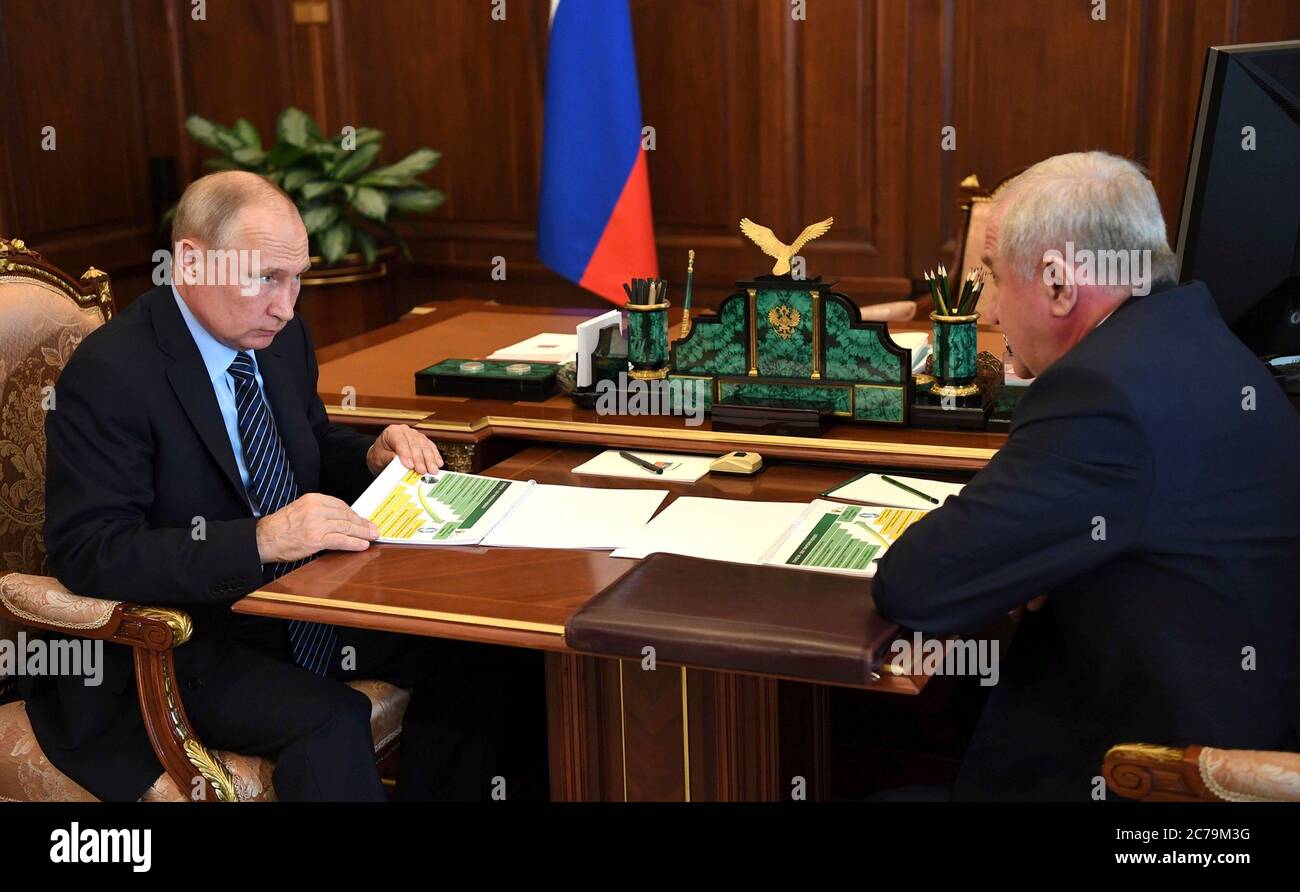 Moscow, Russia. 15th July, 2020. Russian President Vladimir Putin, holds a face to face meeting with the Head of the Federal Customs Service Vladimir Bulavin at the Kremlin July 15, 2020 in Moscow, Russia. Credit: Alexei Nikolsky/Kremlin Pool/Alamy Live News Stock Photo