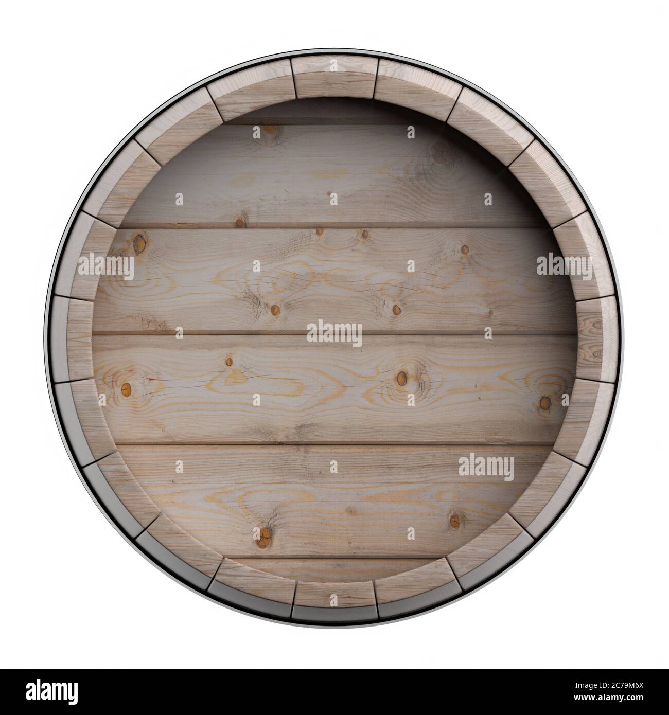 Wine, beer, alcohol template. Old wooden barrel isolated on white background, top view. Whiskey, bourbon cellar concept. 3d illustration Stock Photo