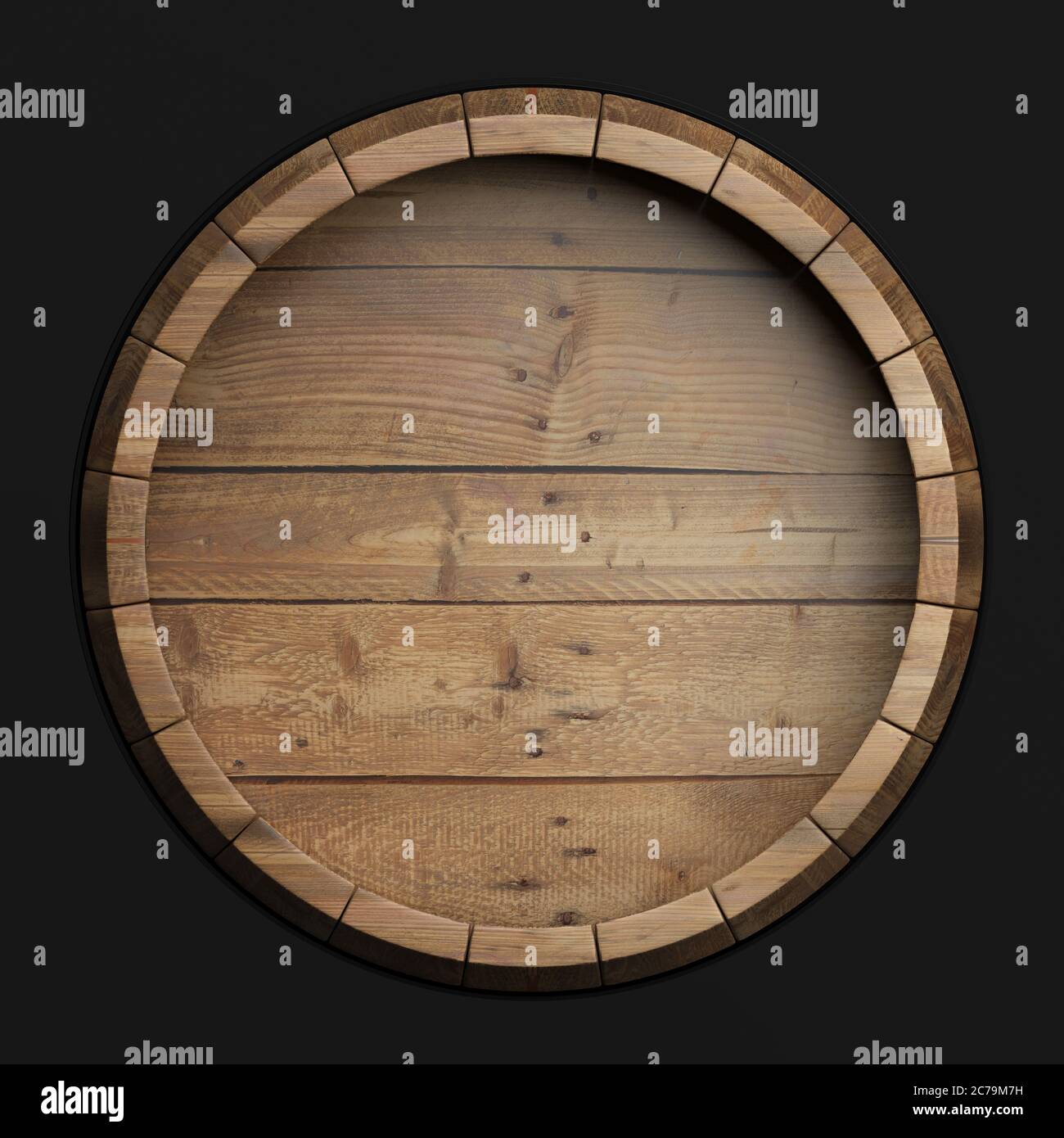 Wine, beer , alcohol template. Old wooden barrel isolated on black background, top view. Whiskey, bourbon cellar concept. 3d illustration Stock Photo