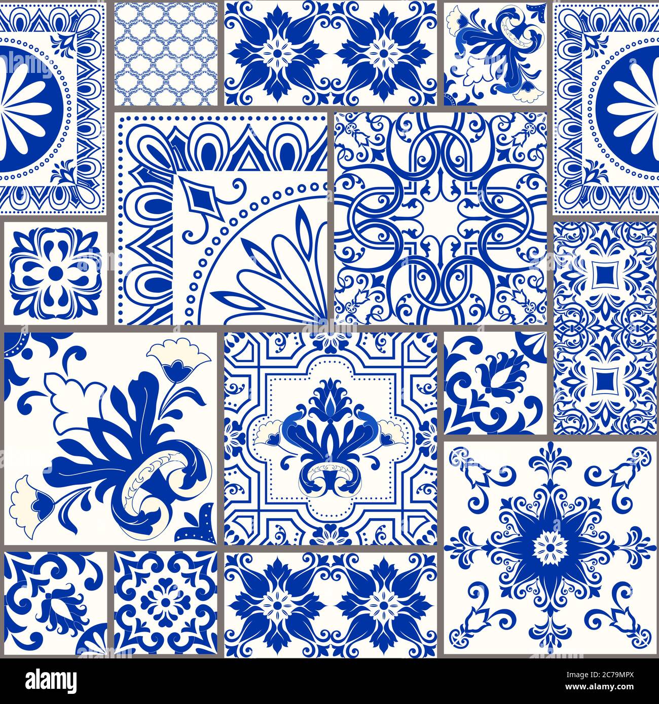 Set of tiles Azulejos in blue, white. Original traditional Portuguese and Spain decor. Ceramic tile in talavera style. Gaudi mosaic. Vector Stock Vector