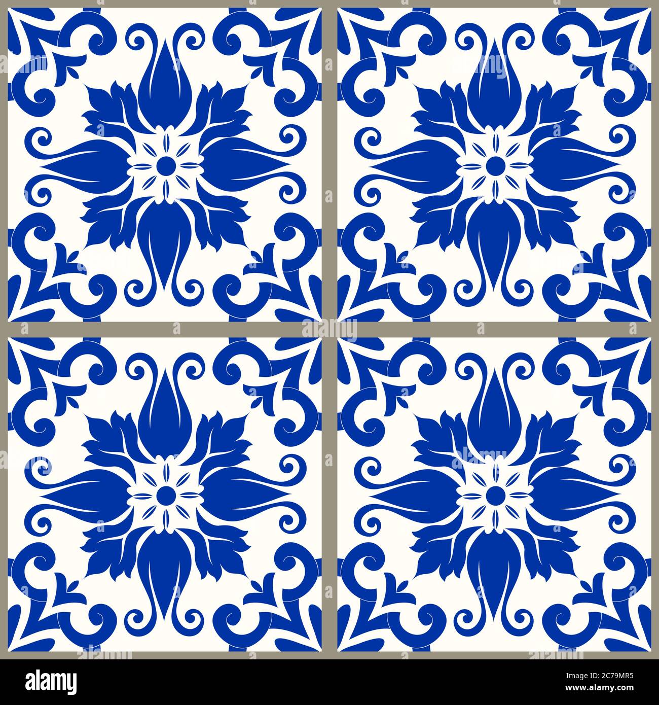 Majolica pottery tile, blue and white azulejo, original traditional Portuguese and Spain decor. Seamless Damask pattern. Hand drawn pattern.Vector Stock Vector