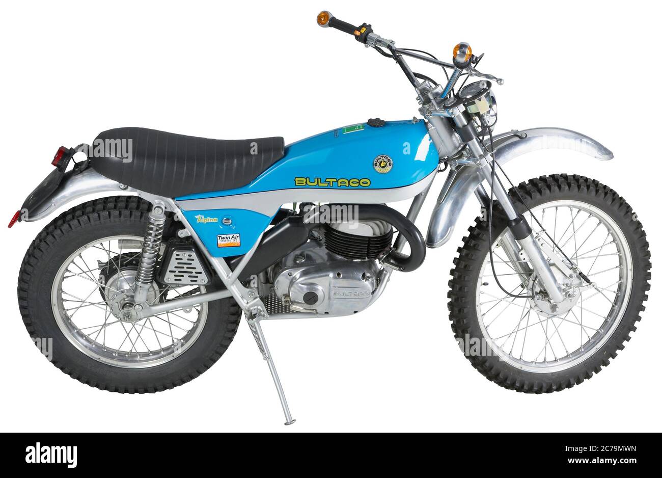 Historic spanish Bultaco off-road motorcycle, cut out on white background  Stock Photo - Alamy