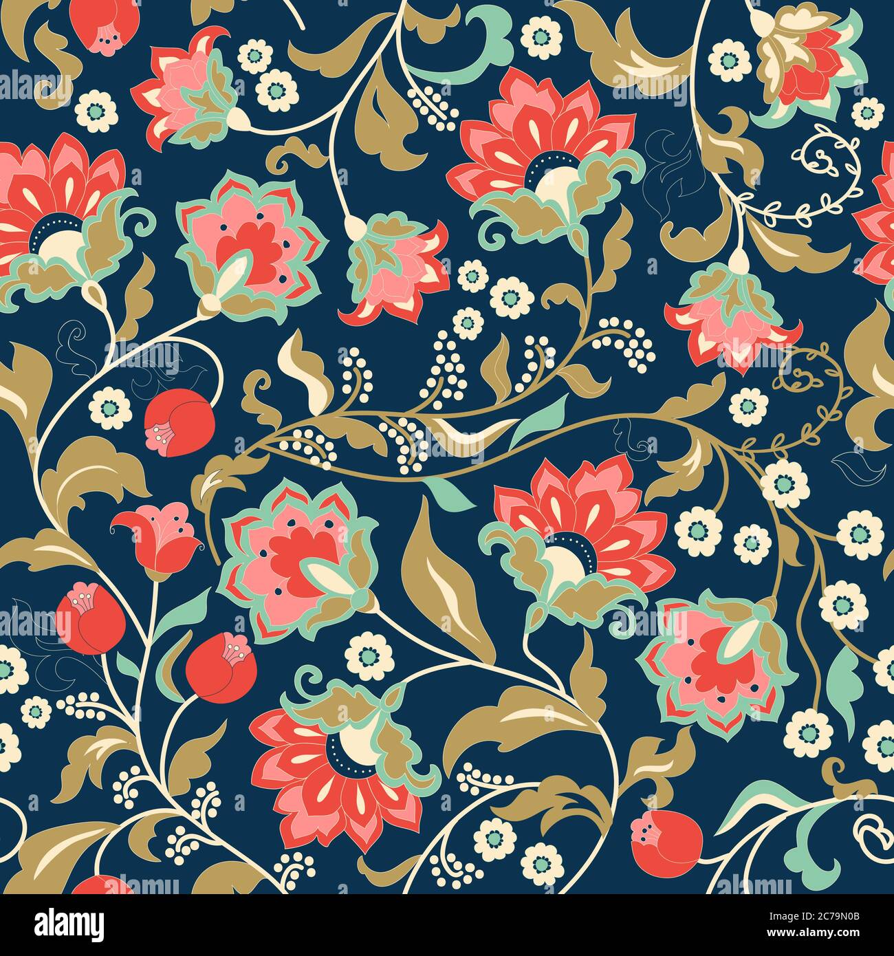 Seamless colorful floral pattern in folk style with flowers, leaves ...
