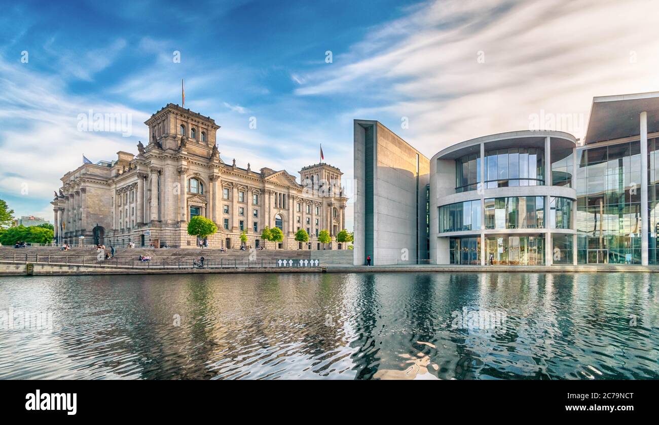 Berlin, Reichstag building and government buildings on the banks of the Spree Stock Photo