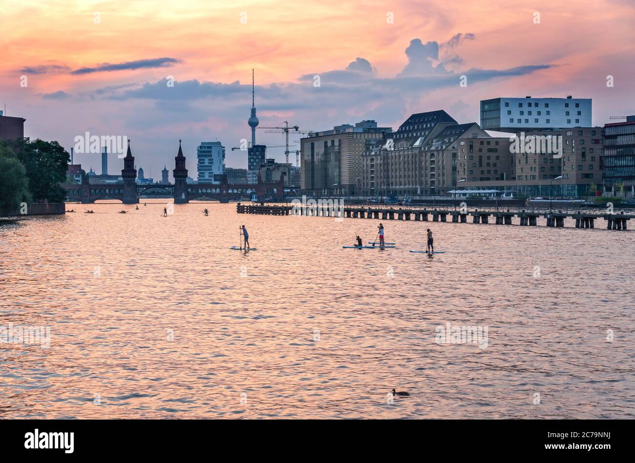 Berlin, Germany August-16-2017 Summer evening on the River Spree in Berlin with a view of the skyline Stock Photo