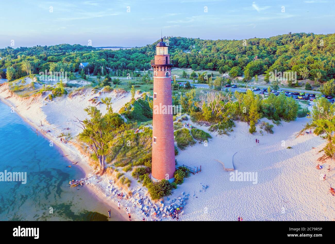 Aerial View of Little Sable Point Lighthouse, located on Lake Michigan at Silver Lake State Park near Mears, Michigan Stock Photo