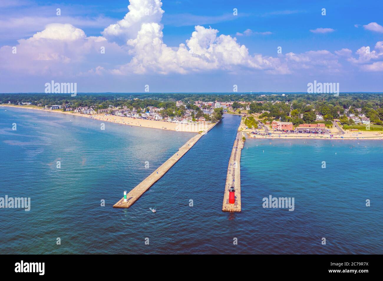 Aerial view of the South Haven Lighthouse on Lake Michigan; South Haven, Michigan Stock Photo