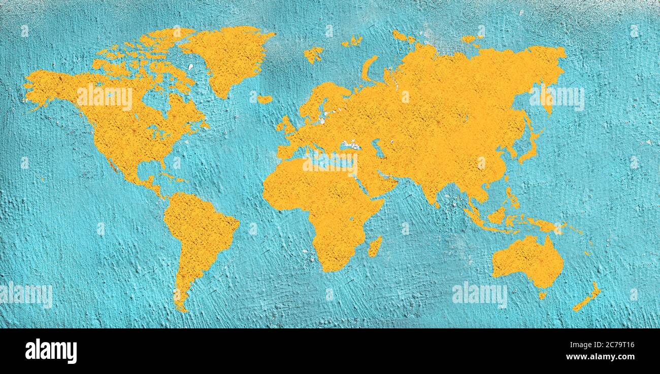 world map , yellow texture and blue wall. Stock Photo