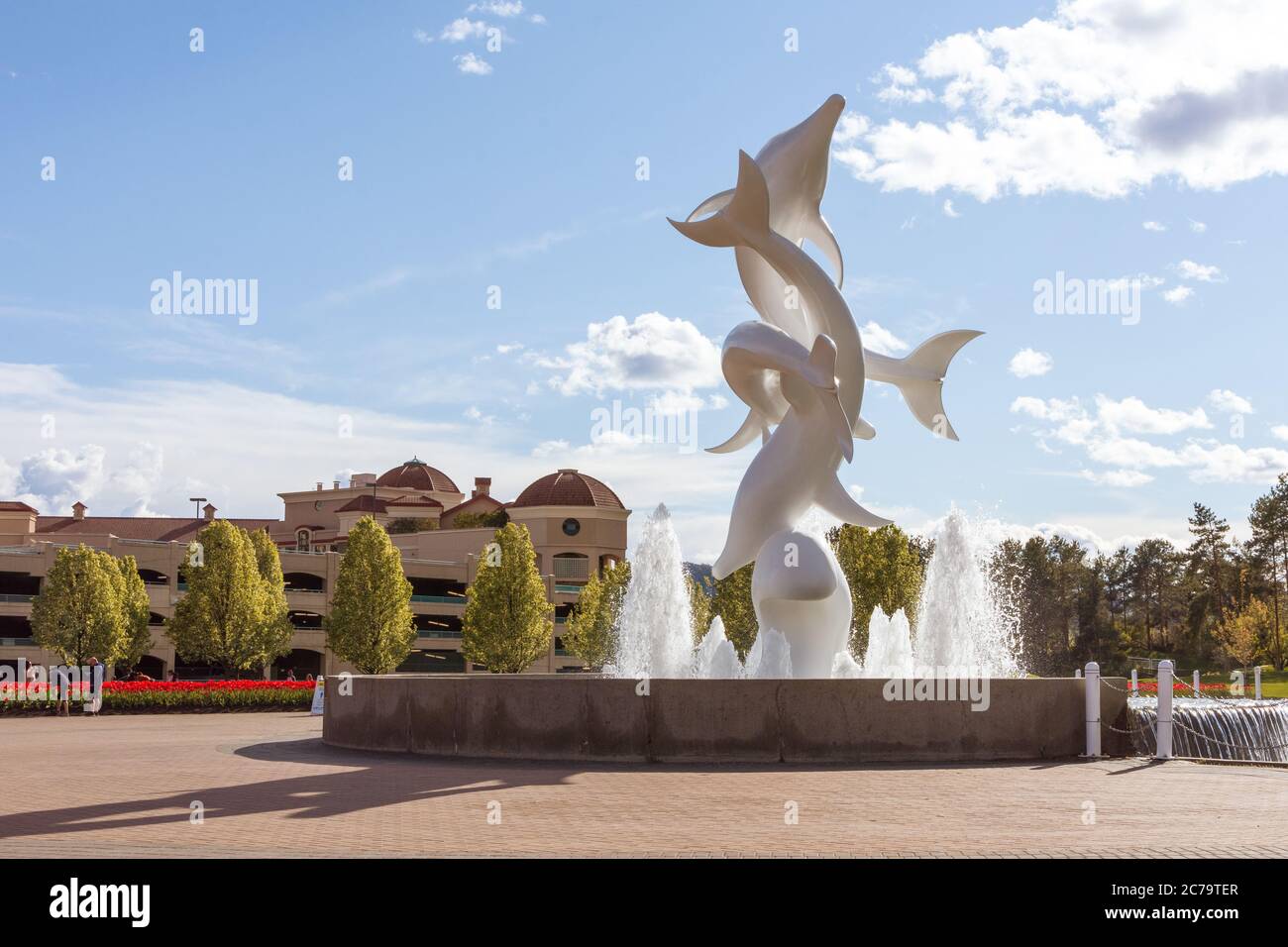 Kelowna, BC / Canada - May 18, 2020: Rhapsody Dolphins Statue. Located in Rhapsody Plaza at the north end of Water Street. Stock Photo