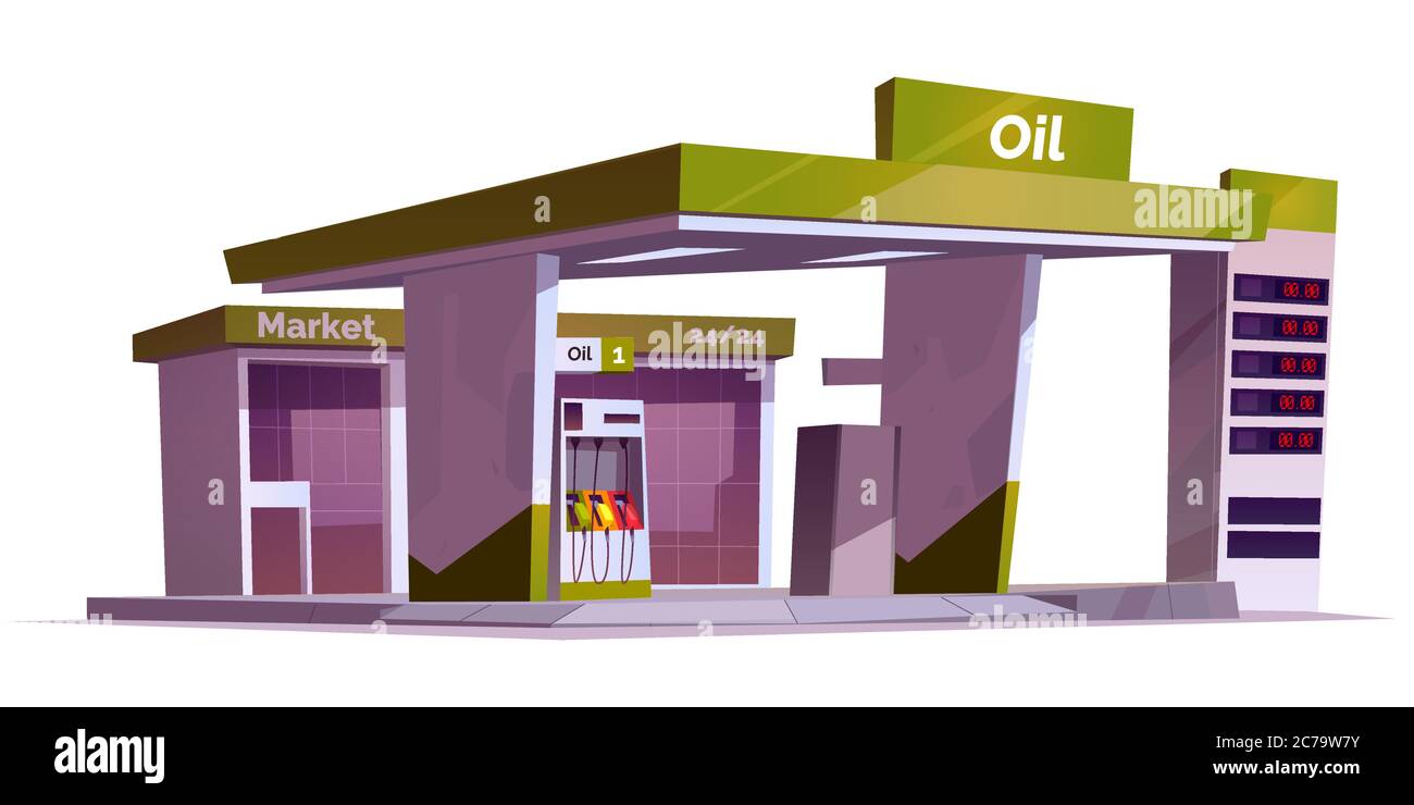 Gas station with oil pump, market and prices display. Vector cartoon illustration of empty fuel filling station for cars isolated on white background. Modern service for refill petrol, diesel or gas Stock Vector