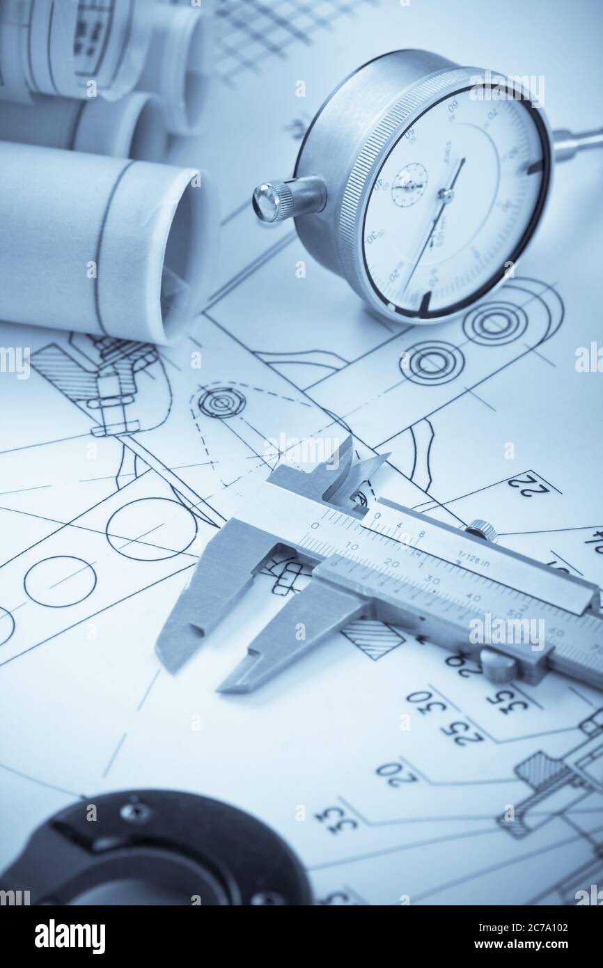 Blueprints with measuring instruments Stock Photo Alamy