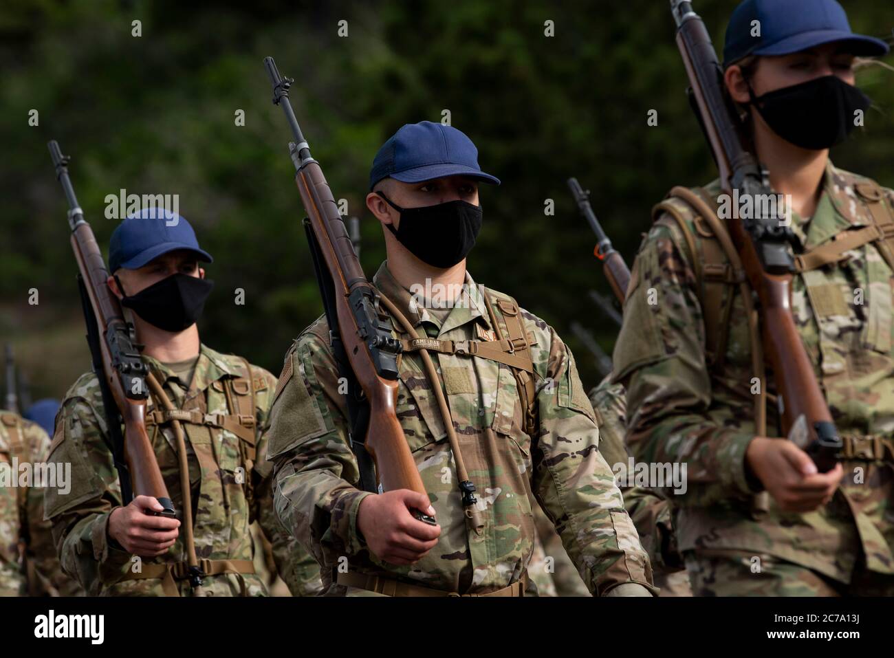 U.S. Air Force Academy cadets from the class of 2024 March Out to Jacks Valley wearing PPE and social distancing, to begin Basic Cadet Training at the Air Force Academy July 13, 2020 in Colorado Springs, Colorado. Stock Photo