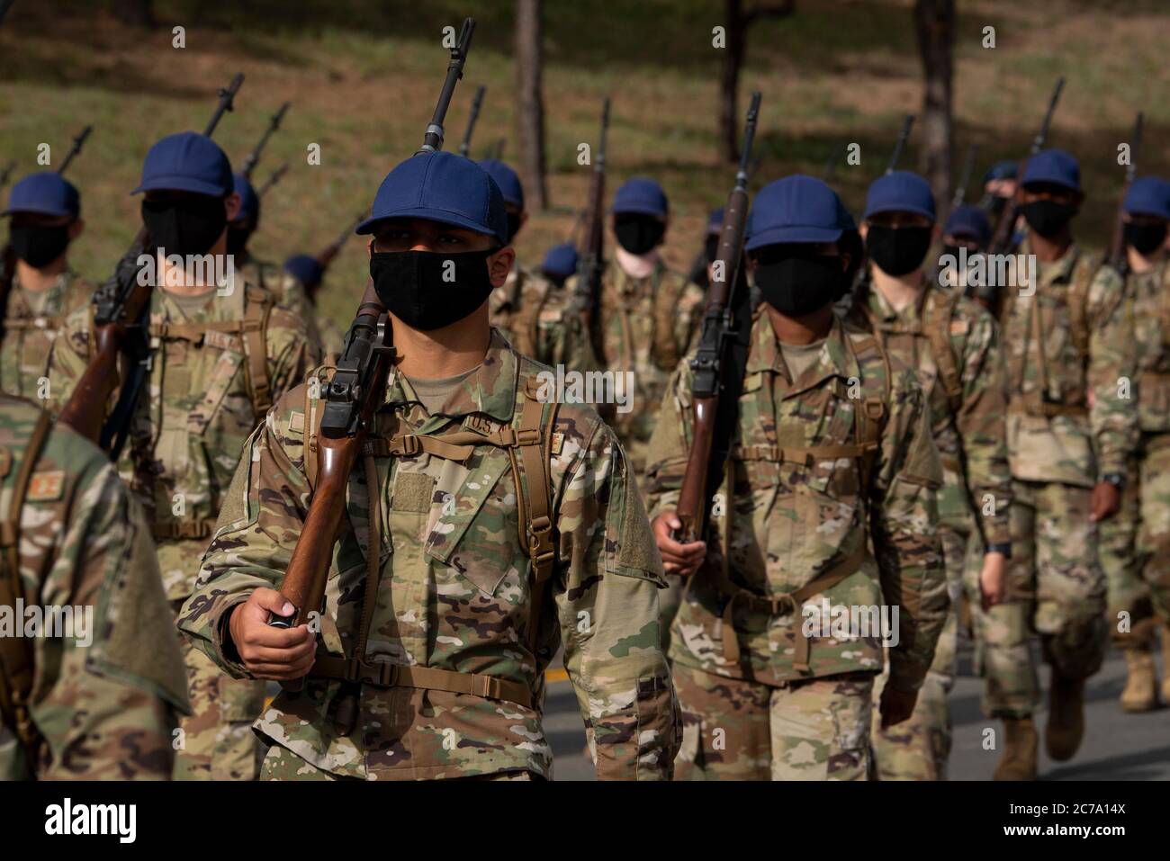 U.S. Air Force Academy cadets from the class of 2024 March Out to Jacks Valley wearing PPE and social distancing, to begin Basic Cadet Training at the Air Force Academy July 13, 2020 in Colorado Springs, Colorado. Stock Photo