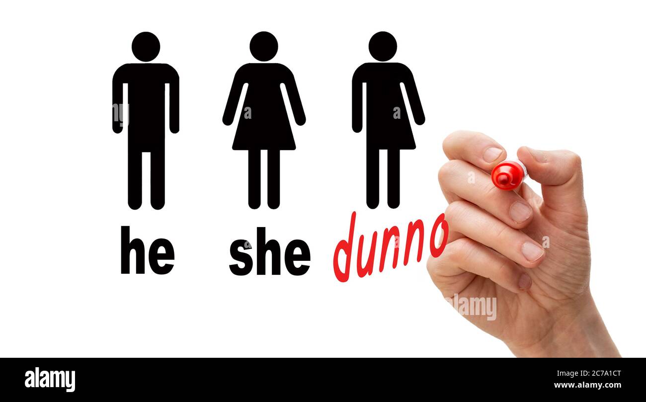 Gender neutral toilet sign concept. Word 'dunno' written with red marker Stock Photo
