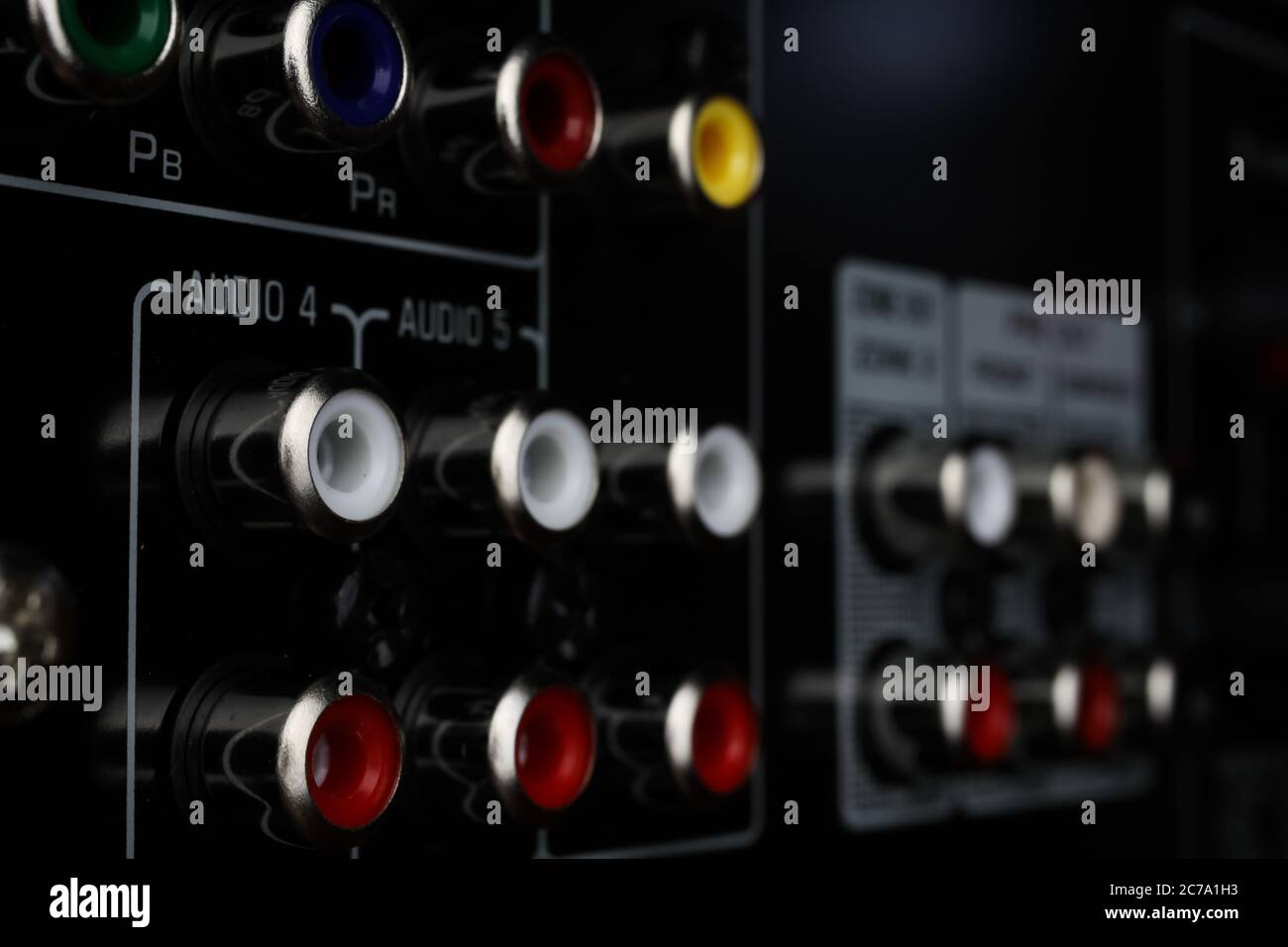 View on isolated cinch sockets of back side of black dolby surround ...