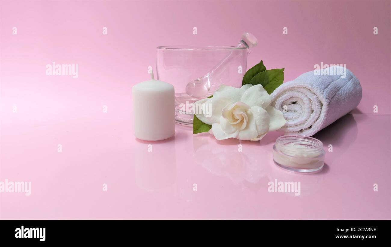 Spa Setting And Spa Background Composition With White Gardenia Flower On Pink Background Banner Towel Candles Flowers Stones Massage Oriental T Stock Photo Alamy