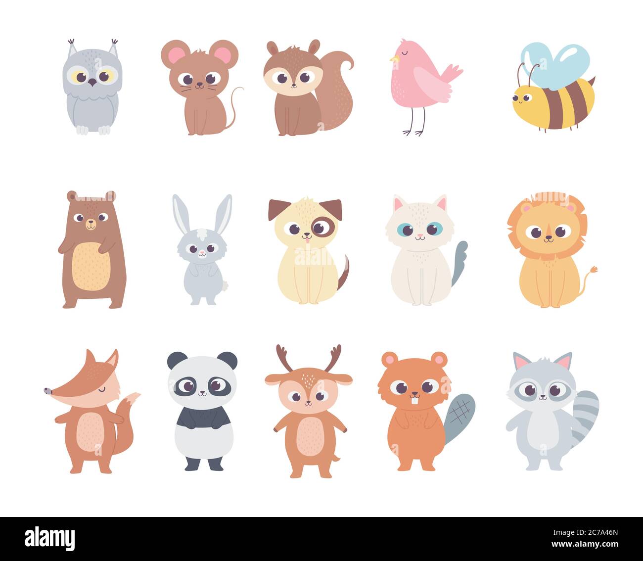 cute cartoon animals little characters owl mouse squirrel deer bird bee ...