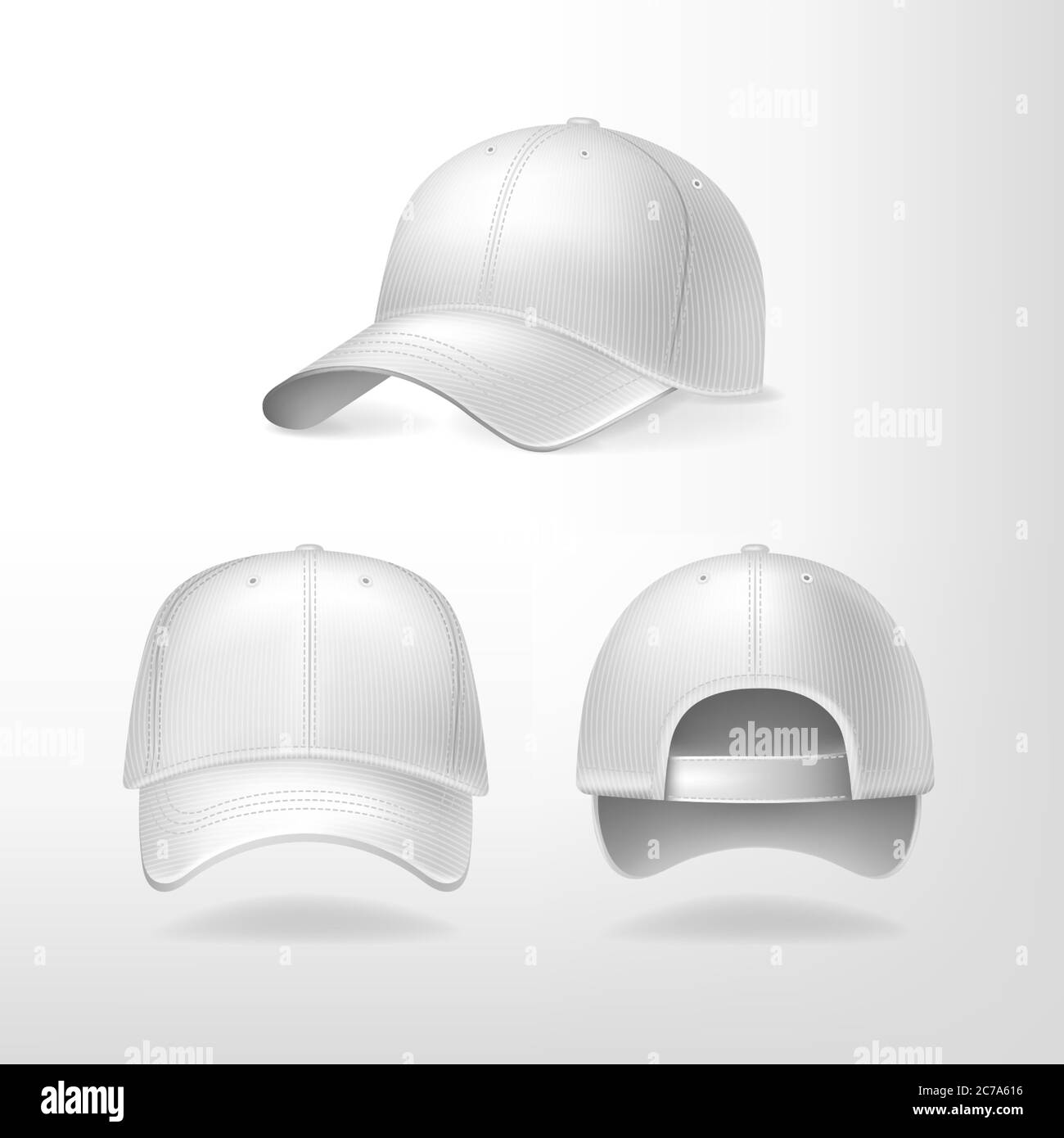 Baseball caps from different sides on white background. Sports headwear