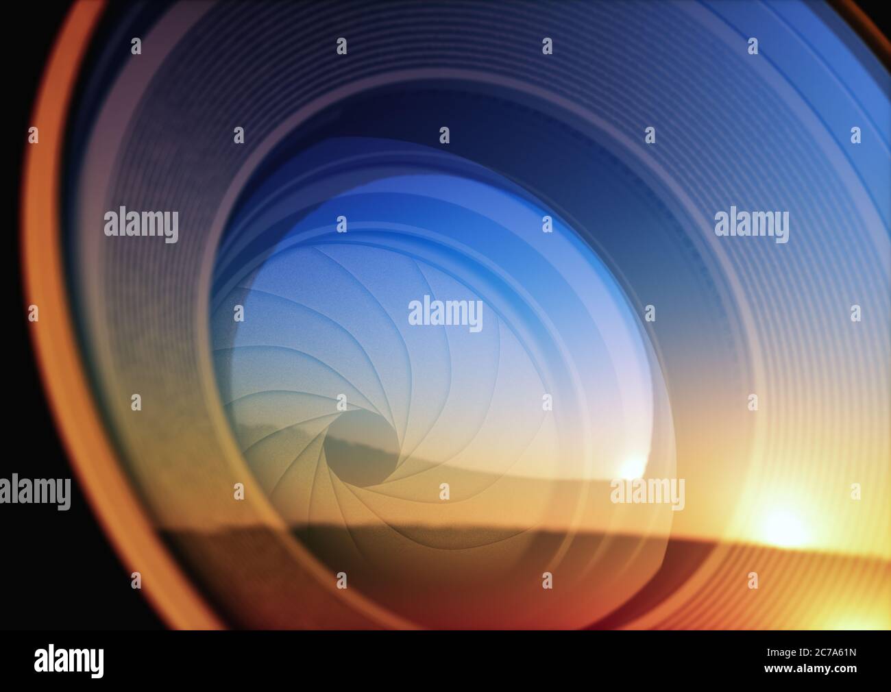 Macro photography from inside an objective lens and its details like the diaphragm blades. Reflection of the sky in the camera lens. Stock Photo