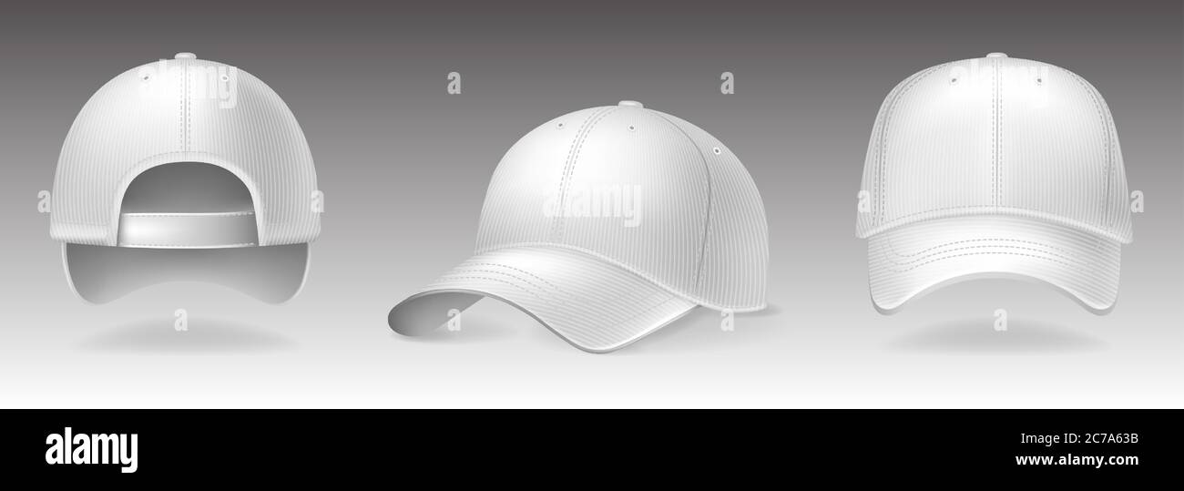 Baseball caps from different sides on white background. Sports headwear with mockup for design, realistic vector illustration collection Stock Vector