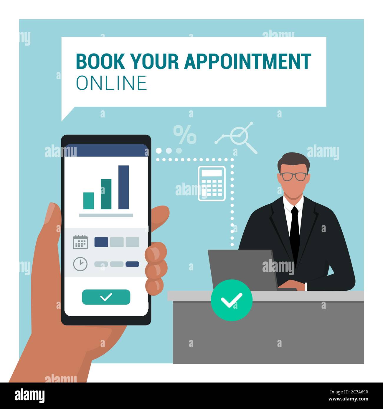 Book an appointment with a financial consultant using a mobile app, businessman sitting at desk in the background Stock Vector