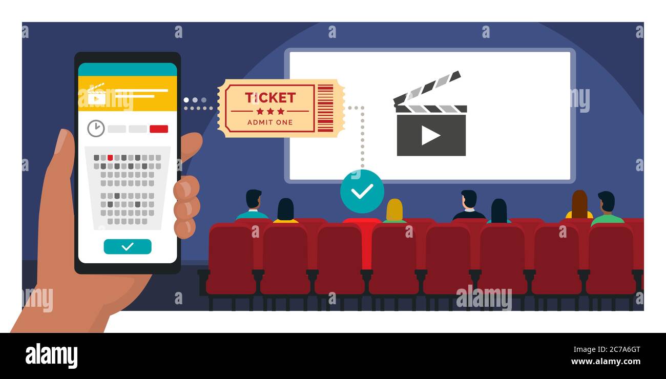 Movie tickets online booking on smartphone app: hand holding a mobile phone and buying a ticket, people sitting in the movie theater in the background Stock Vector