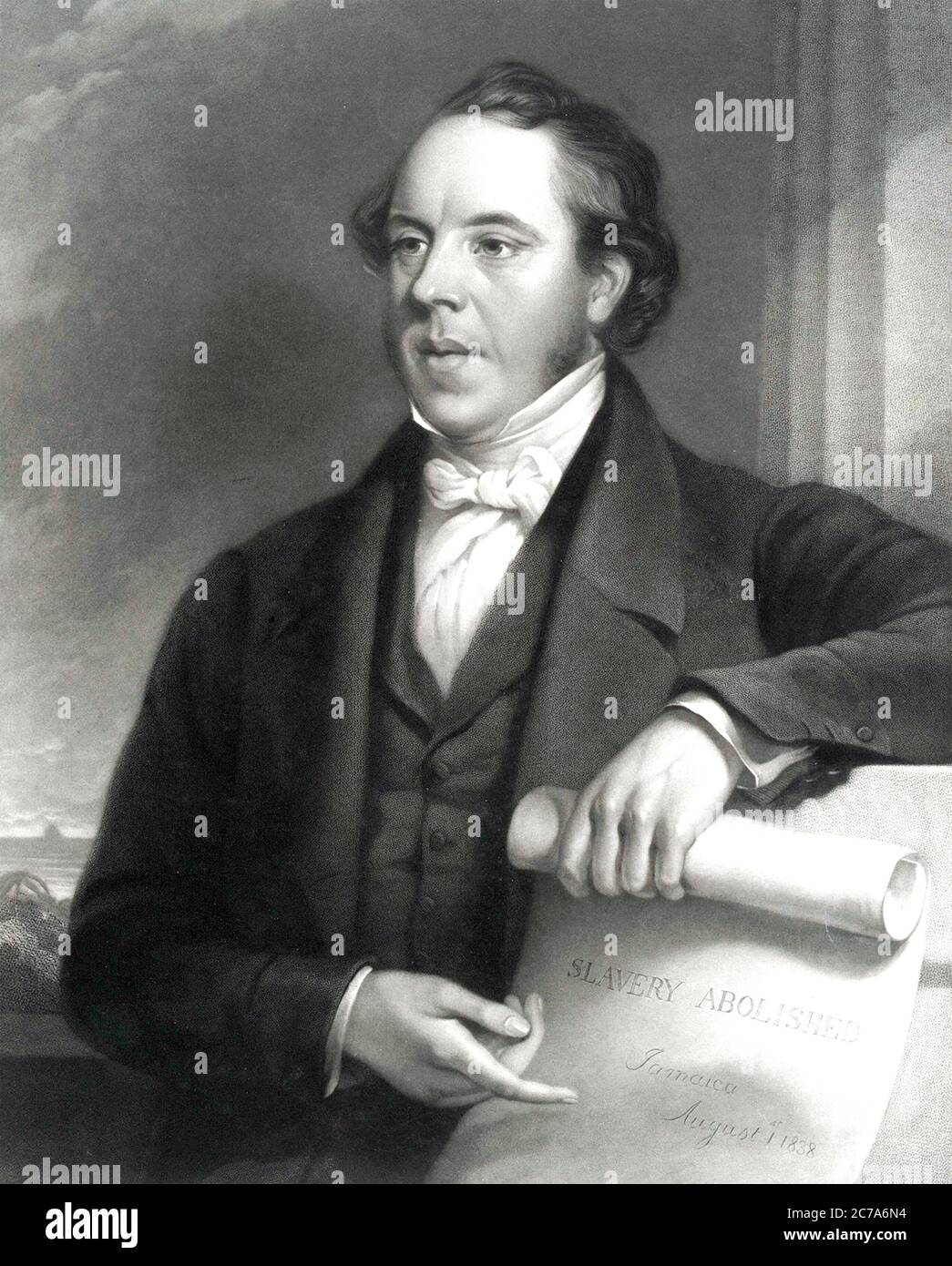 THOMAS CLARKSON (1760-1846) English abolitionist. Engraving about 1840 showing Clrkson with a scroll saying 'Slavery abolished; Jamaica; August 1st 1838' referring to the date the 'apprenticeships' of former slaves  ended. Stock Photo