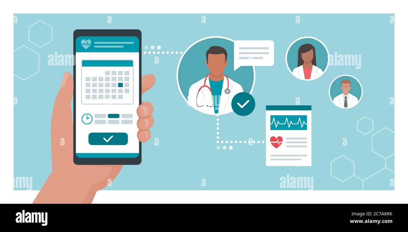 Book your doctor online: patient booking his appointment with a doctor using a mobile app, healthcare and technology concept Stock Vector