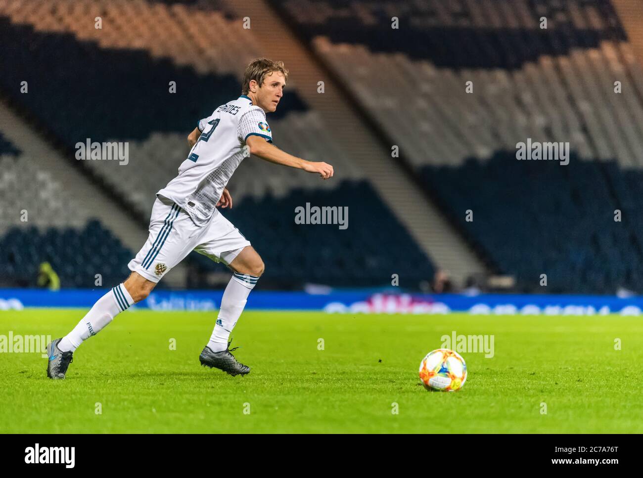 Glasgow, Scotland, United Kingdom – September 6, 2019. Russia national football team defender Mario Fernandes during UEFA Euro 2020 qualification matc Stock Photo