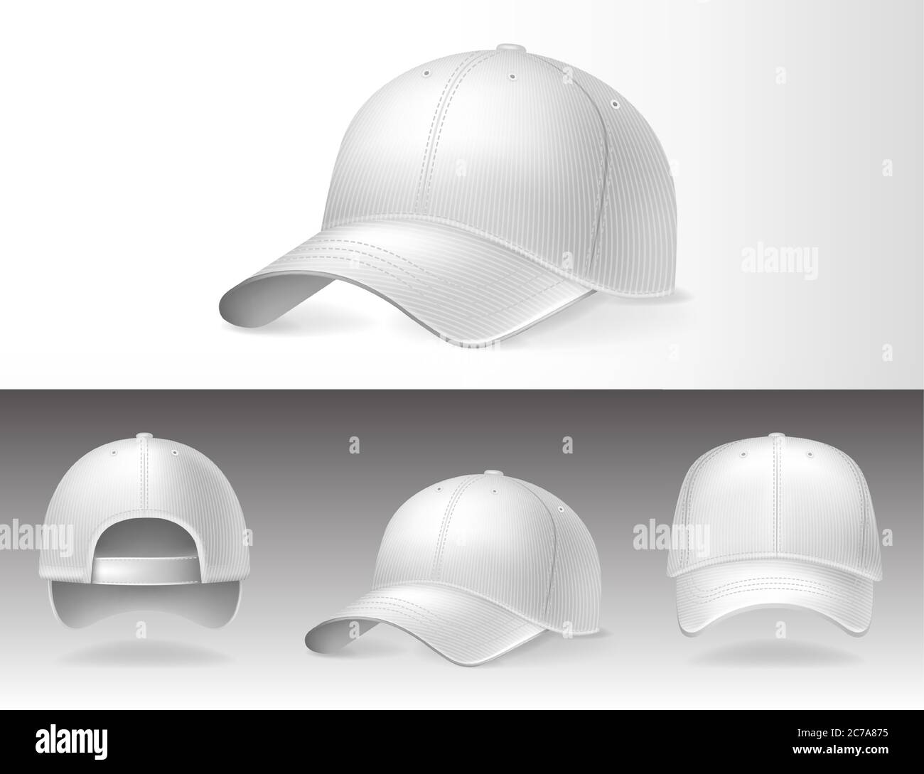 Baseball caps from different sides on white background. Sports headwear with mockup for design, realistic vector illustration collection Stock Vector