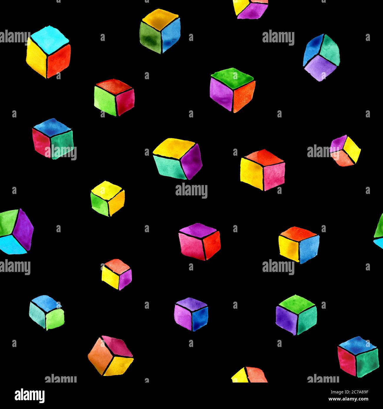 Abstract watercolor seamless pattern of multicolored cubes on a black  background. Hand drawing and digitized. Design for wallpaper, textile,  fabric, bookend, wrapping Stock Photo - Alamy