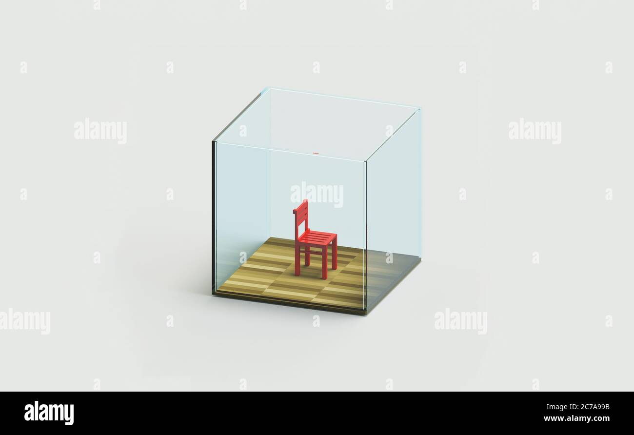 Social isolation and distancing concept. Single chair behind the glass walls. 3d illustration of infection protection and slow the spreading idea Stock Photo