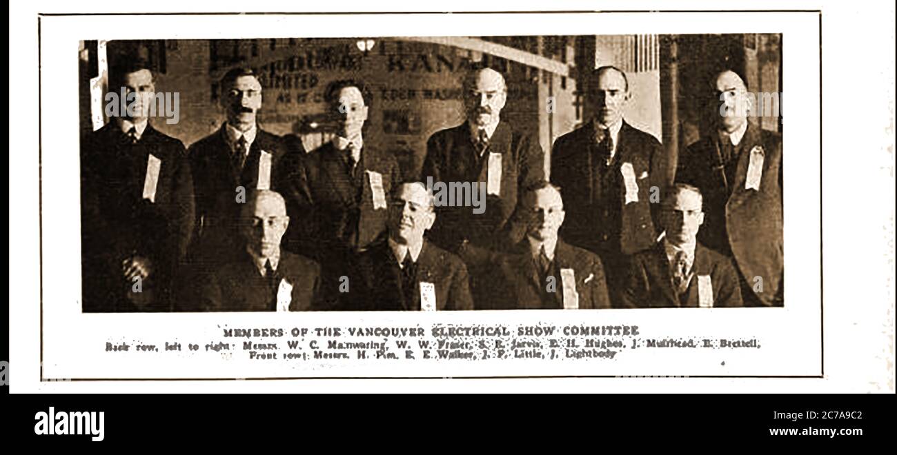 A 1920  joint portrait of the members of the Vancouver, Canada, electrical show committee.  Names APPEAR to read :- row (l to r) W C Mainwaring, W  W  Fraser, S R Jarvis, E H Hughes, J Muirhead, E Beckett   ---  Front (l to r) H Plan, E E Walker, J F Little, J Lightbody Stock Photo