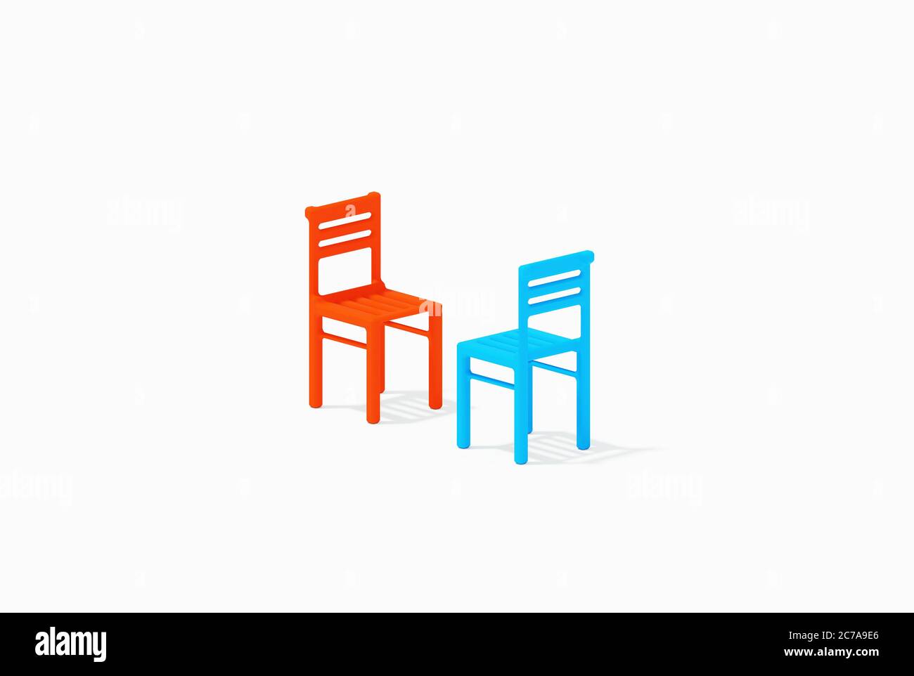 Blue and red seats staying together frontal, face to face interview concept, 3D rendered illustration of confrontation concept. Border edge dialogue Stock Photo