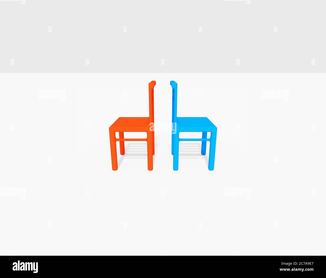 Red and blue empty minimalist  chairs standing back to back contracts loans idea stock picture, 3D illustration isolated Stock Photo