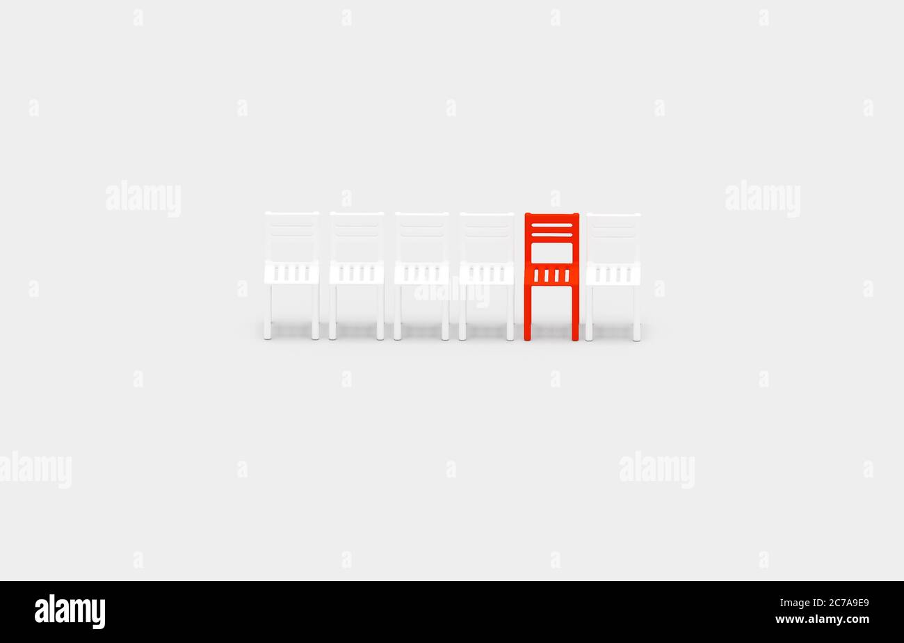 Unique red stool in a row of white chairs, competition and individuality design concept 3D illustration stock photo Stock Photo