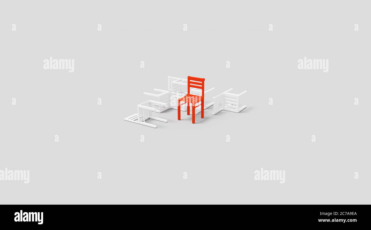 Fallen chairs with red chair standing out, 3D illustration of triumph Stock Photo