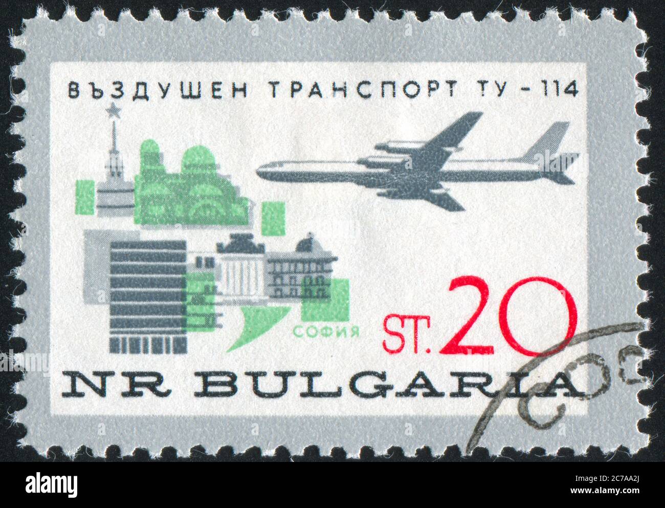 BULGARIA - CIRCA 1965: stamp printed by Bulgaria, shows Tu-114 over Sofia, circa 1965 Stock Photo