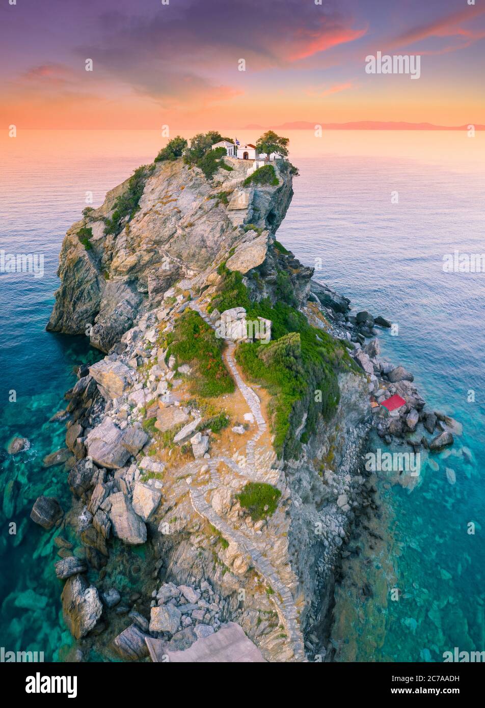 Aerial view of the famous small church Agios Ioannis. Its located in the  region of Kastri, about 7km east of Glossa, Skopelos Sporades, Greece Stock  Photo - Alamy