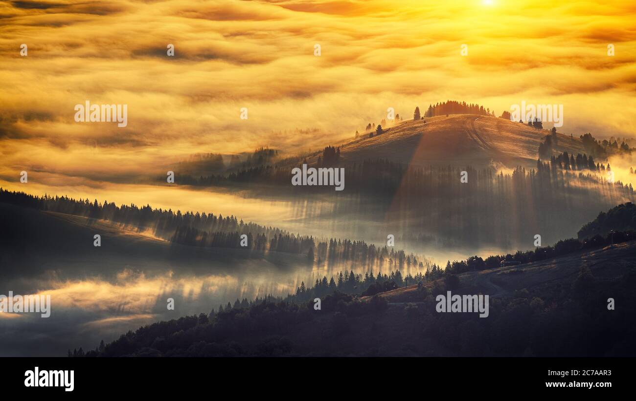 Foggy mountain landscape at sunrise hi-res stock photography and images ...