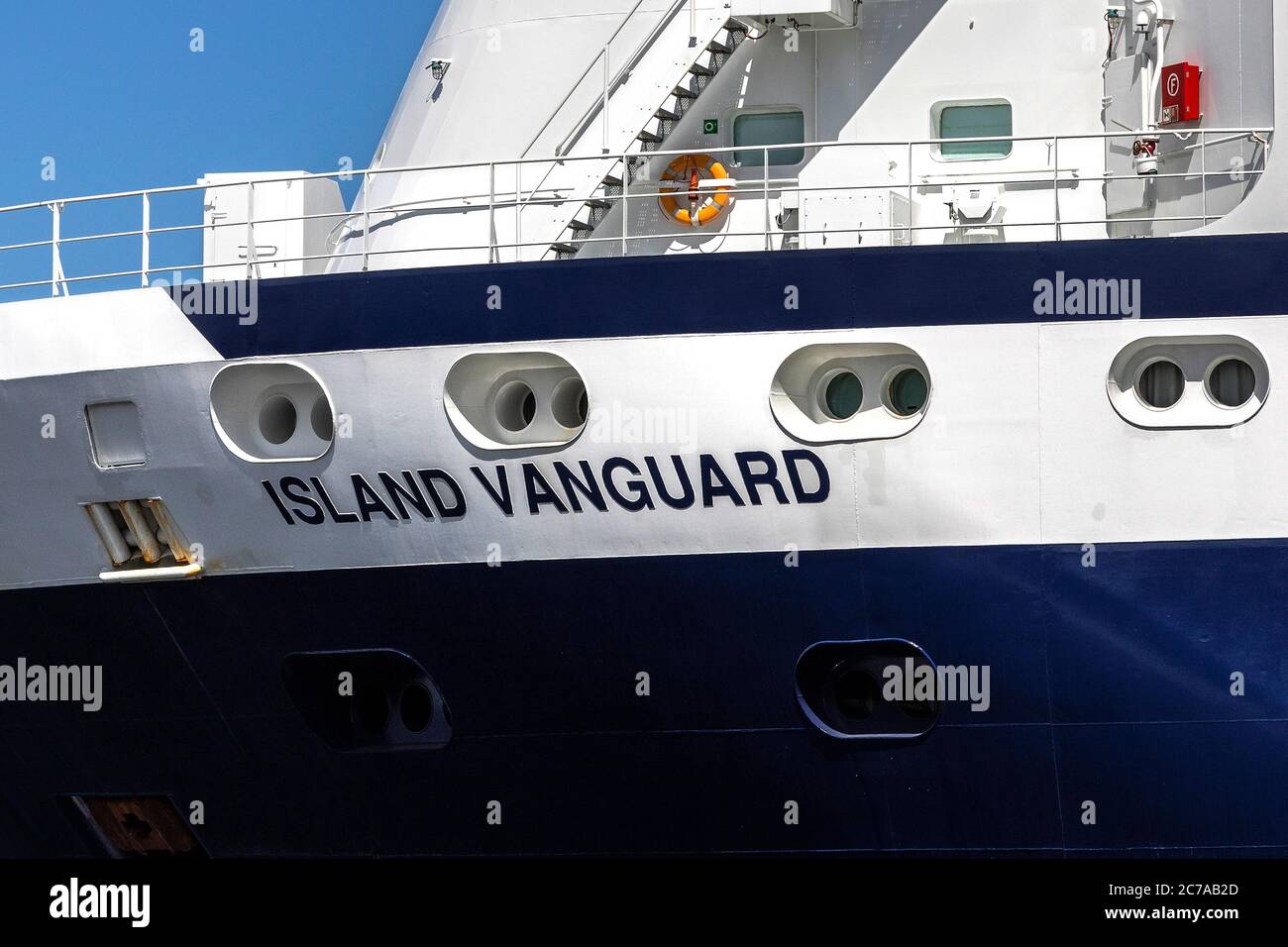 Close up of offshore AHTS subsea installation tug supply vessel Island Vanguard, berthed at Skoltegrunnskaien quay in the port of Bergen, Norway. Stock Photo