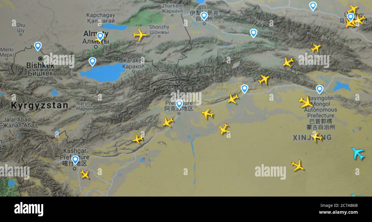 air traffic over Kyrgyzstan and Kazakhstan (15 july 2020, UTC 13.19) on Internet with Flightradar 24 site, during the Coronavirus Pandemic period Stock Photo
