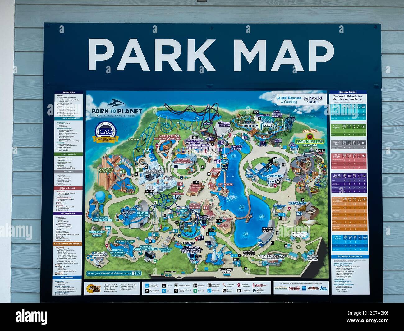 Orlando, FL/USA-6/19/20:  A sign on a building wall that is the park map of Seaworld in Orlando, Florida. Stock Photo