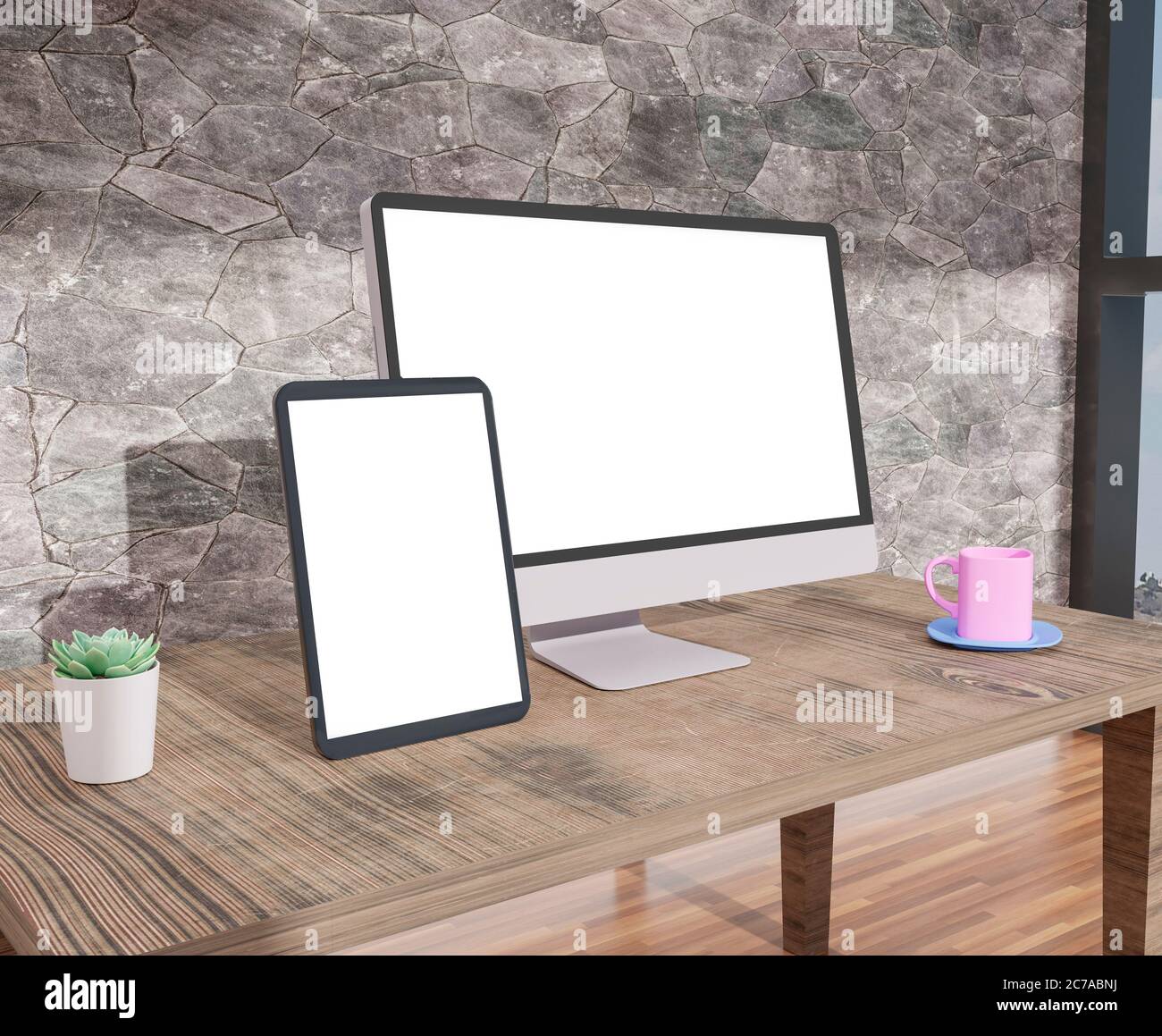 Desktop computer , and tablet 3d rendering mockup .3d illustration Stock Photo