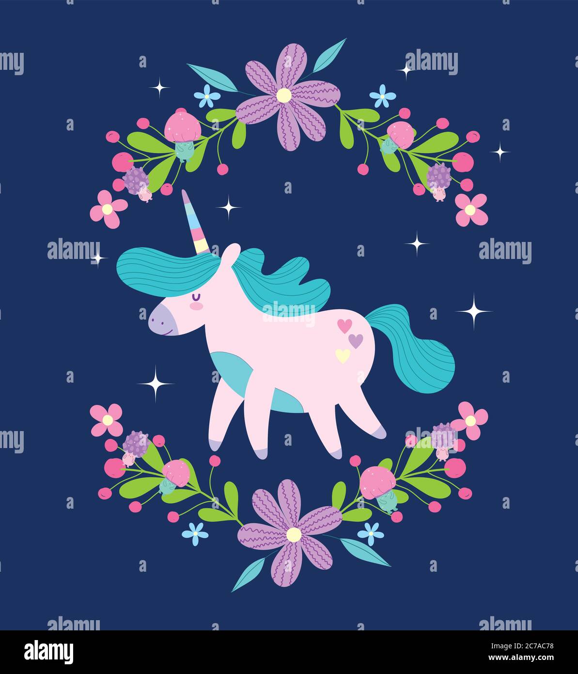 little unicorn flowers fantasy magic animal cartoon dark background ...