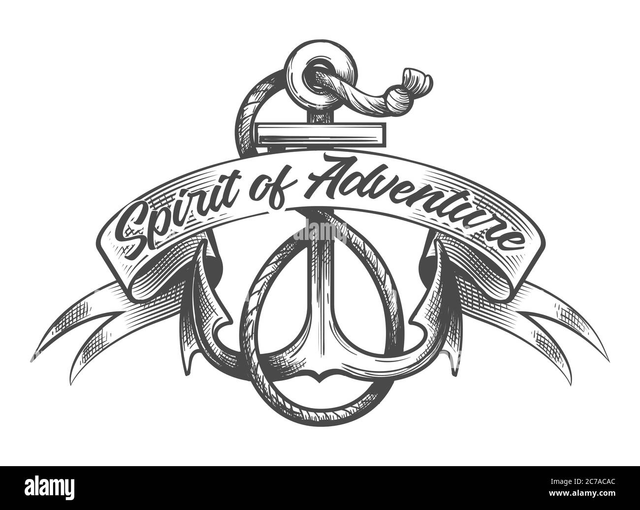 Anchor with Ropes and banner with hand made lettering Spirit of Adventure. Vector illustration in tattoo style. Stock Vector