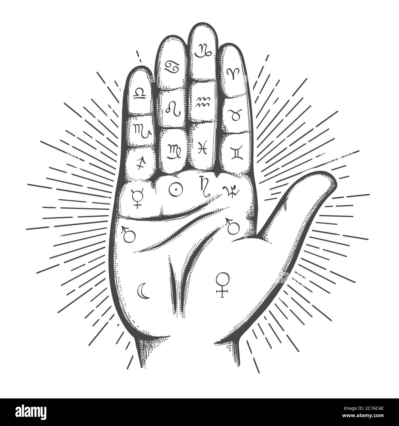 Palmistry map on open palm with astrology and hieromancy magic symbols. Vector illustration. Stock Vector